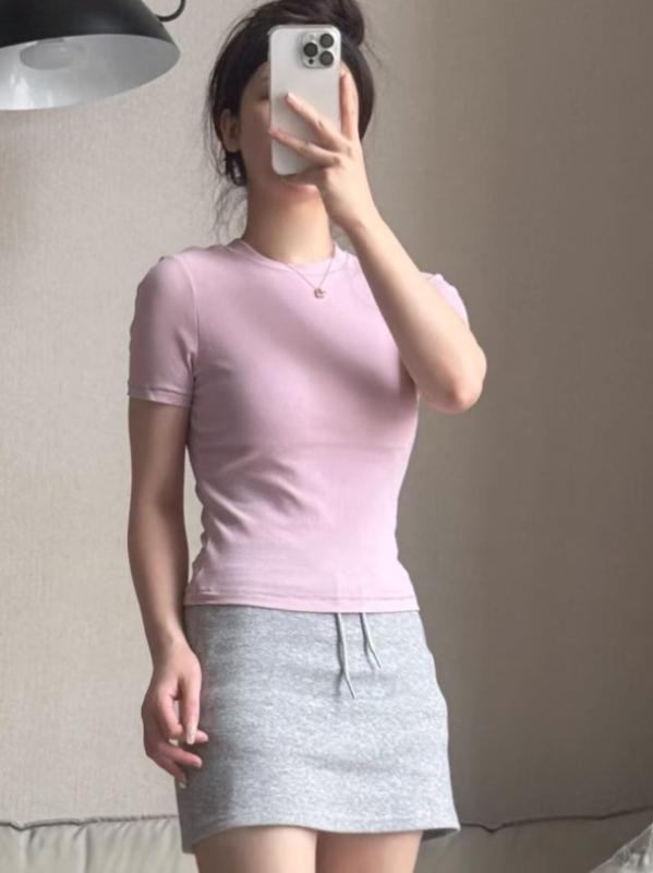 レディース 短袖 Tシャツ リブ生地 伸縮性 スリムフィット インナー トップス シンプル 普段使い 快適 素材