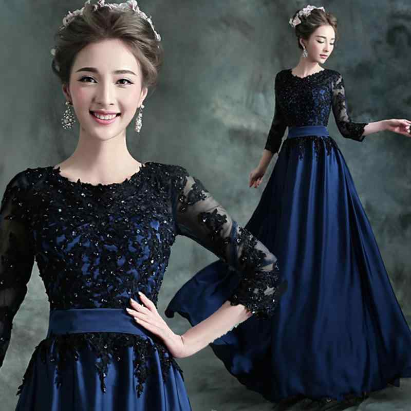 秋冬 女性用 中長袖 ウェディングドレス ロング丈 イブニングドレス ネイビー フォーマル パーティー 結婚式 ディナー ホスト 演出 パーティー｜FAIRYショップ