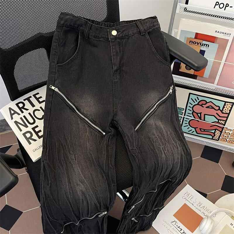 メンズ デニムパンツ グラデーション チェーン付き 伸縮性 ストレート マイクロフレア ストリート ストリートスタイル 向け カジュアル デニム素材 日常使い ストレッチ ワイドシルエット