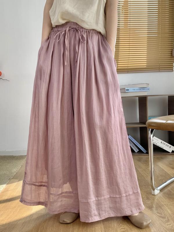 夏 レディース ラミー ワイドパンツ レトロ 無地 切り替え 二層 ゆったり 軽量 涼しい 通勤 普段使い ボヘミアン シルエット 繊維