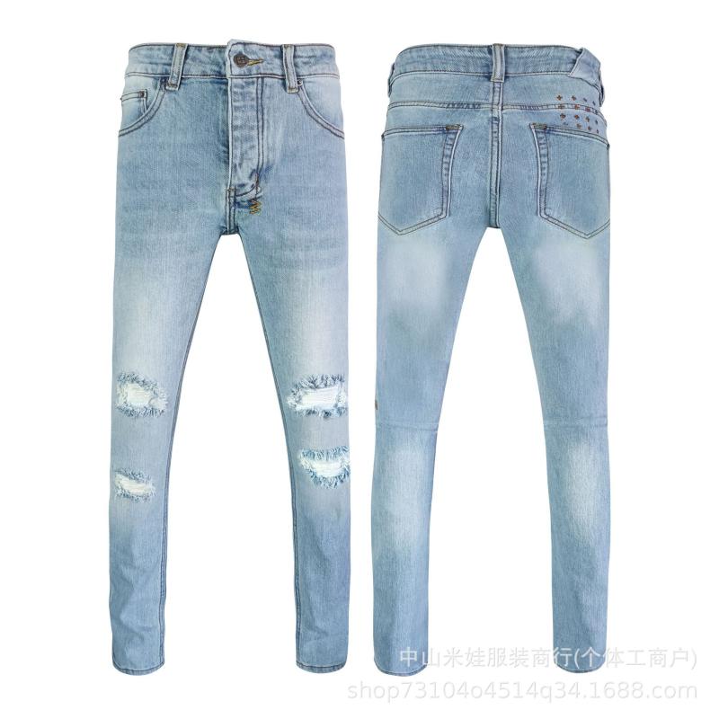 メンズ デニムパンツ スリムフィット テーパードレッグ 切り替え ダメージ加工 猫髭加工 ビンテージウォッシュ ストリートスタイル レトロ カジュアル 普段使い 軽量 伸縮性 デニム素材