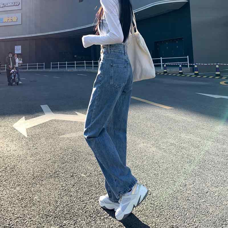 カジュアル デニムパンツ レディース ハイウエスト ゆったり ワイドレッグ ストレート レトロ 春秋 小柄対応 ジーンズ ボトムス 普段使い 快適 デニム生地