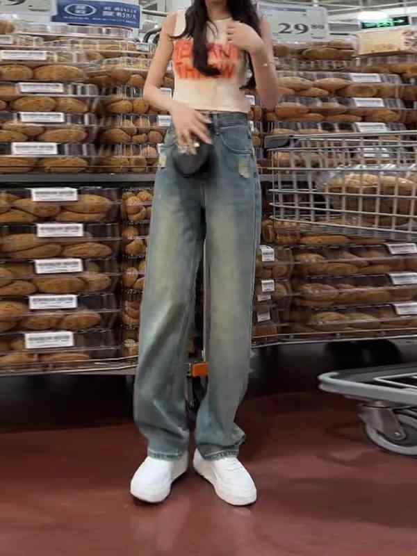 女性用 レトロ ダメージ デニムパンツ ハイウエスト ワイドレッグ ゆったり ストレート 薄手 春秋 カジュアル スリム効果 デニム素材