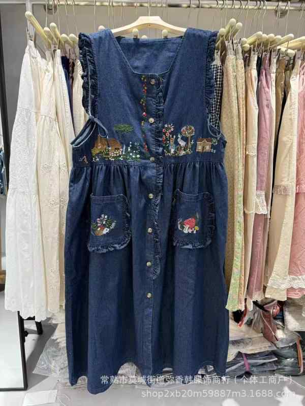 レディース 衣装 ジーンズ 刺しゅう ノースリーブ 中長丈 風 レトロ 可愛らしい 自然的 ペティート 花の冠yd 普段使い走り 軽さ 伸縮性