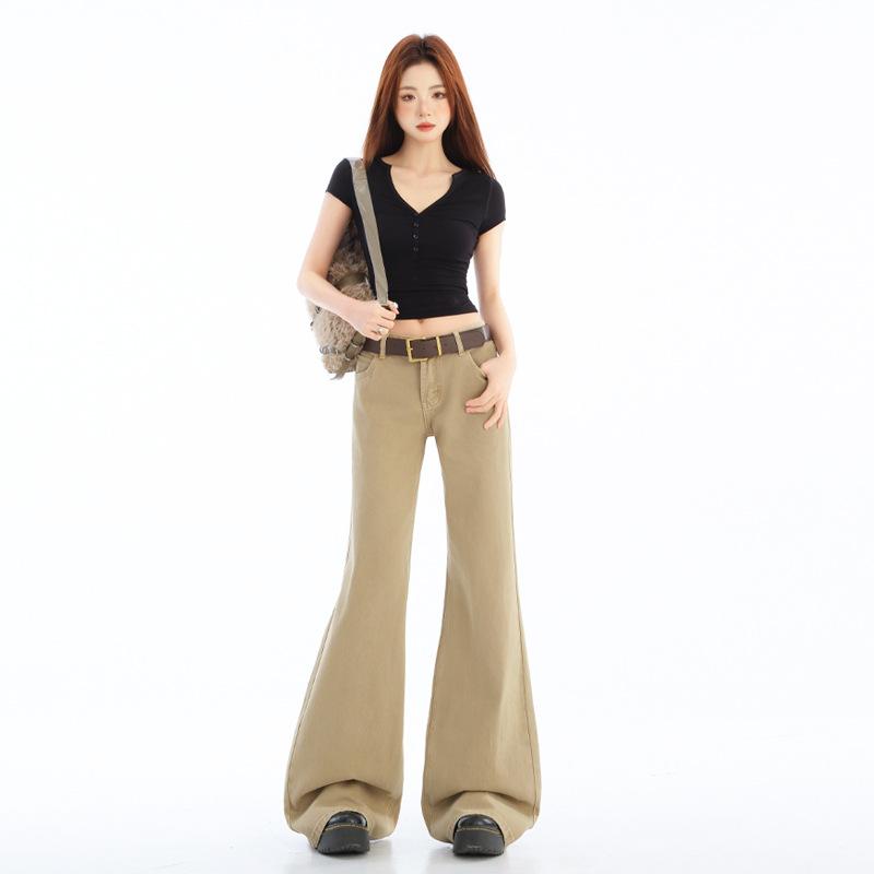 デニムパンツ レディース 低腰 フレア 秋冬 カーキ色 暖か フィット レトロ ビンテージ コットン 伸縮性 カジュアル 普段使い デニム素材 ハイウエスト風 ゆったりシルエット
