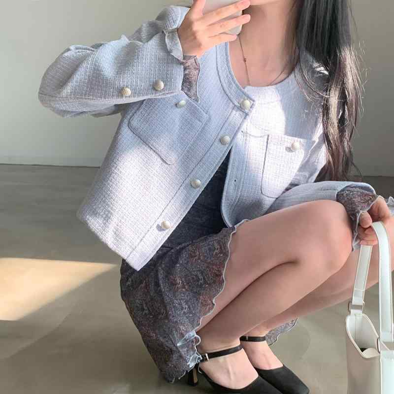 レディース 春 韓国 シングルブレスト ゆったり ダブルポケット 長袖 ツイード コート 普段使い 合わせやすい カジュアル ウール混 軽量