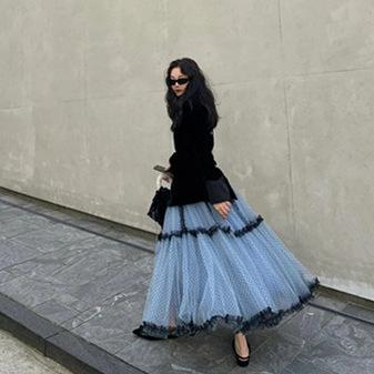 ロングスカート 女性用 夏用 ブルー系 レース 切り替え 水玉 二重レイヤー ミディ丈 ゆったりシルエット カジュアル 軽量 通気性 涼感 普段使い
