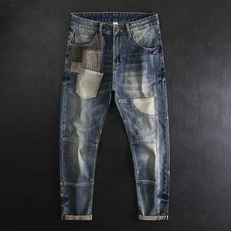 デニムパンツ 男性用 スリム ストレート 伸縮性 レトロ 切り替え パッチ ストリート 個性 カジュアル 普段使い デニム 素材 ビンテージ スタイル