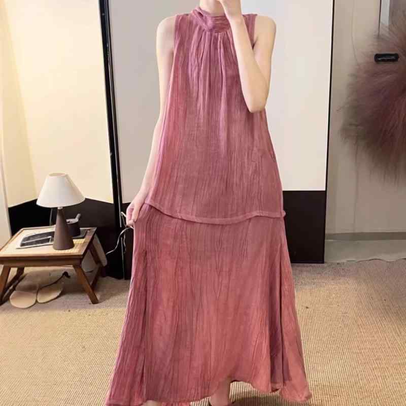 ワンピース レディース 体型カバー 大きいサイズ 大きめ サイズ ゆったり 着痩せ 細見え お腹周り チュニック マキシ丈 ミモレ丈 ロング ワンピ ?麻 リネン 麻素材 ノースリーブ ホルターネック バックオープン 背中あき ギャザー 無地 プレーン シ｜FAIRYショップ