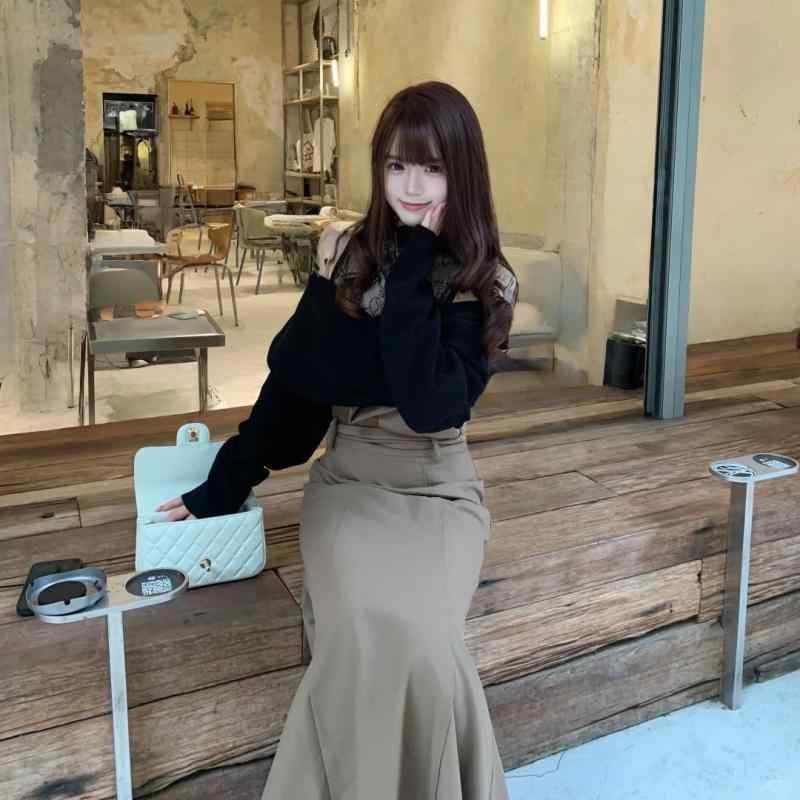 レディース ニットトップス 春 肩出し レース 切り替え ハーフハイネック フェミニン 伸縮性 軽量 普段使い かわいい シルエット
