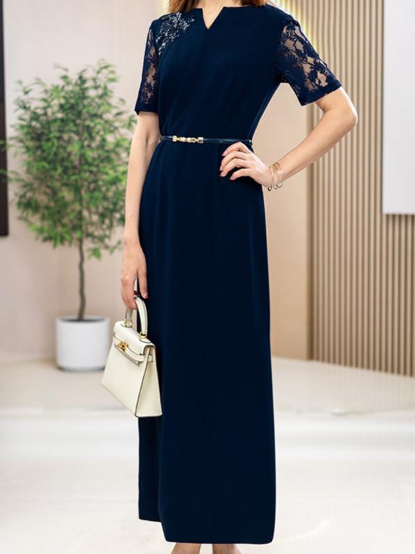 ワンピース レディース ブルー 膝下丈 レース 切り替え 夏 短袖 Vネック 収腰 スリム ミディ丈 ファッション エレガント 軽やか 涼しい 日常使い