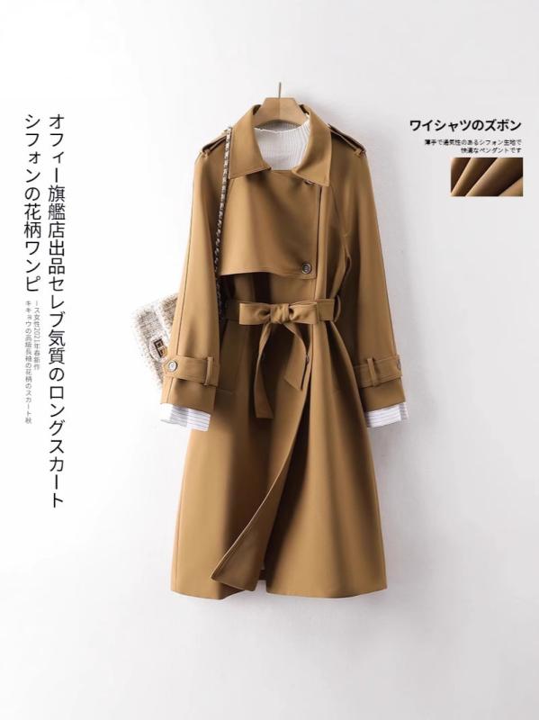 レディース トレンチコート 通勤用 カジュアル エレガント ロングコート アウター 軽量 伸縮性 綿素材 ハイウエスト ブラック ピンク系 アイボリー