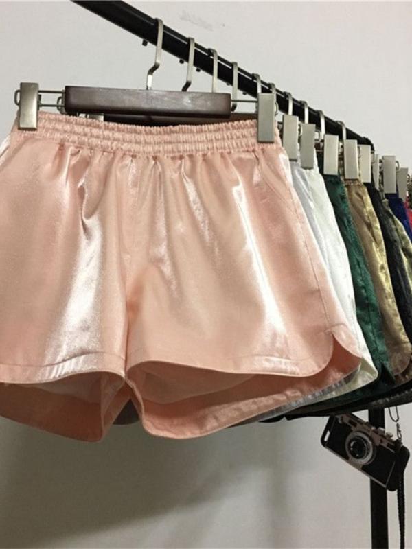 レディース 夏 ショートパンツ ゆったり ワイドレッグ Aライン ゴムウエスト 無地 キラキラ 光沢 カジュアル 普段使い ミニ丈 軽量 伸縮性 吸湿速乾 コーデュロイ風