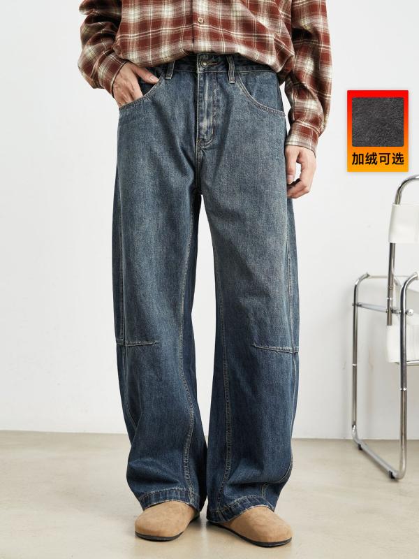 男性用デニムパンツ レトロ ワイドレッグ フィット 垂れ感 ダディパンツ 水洗い加工 大きめサイズ 春秋 カジュアル 普段使い ストリートスタイル デニム素材 ゆったりシルエット