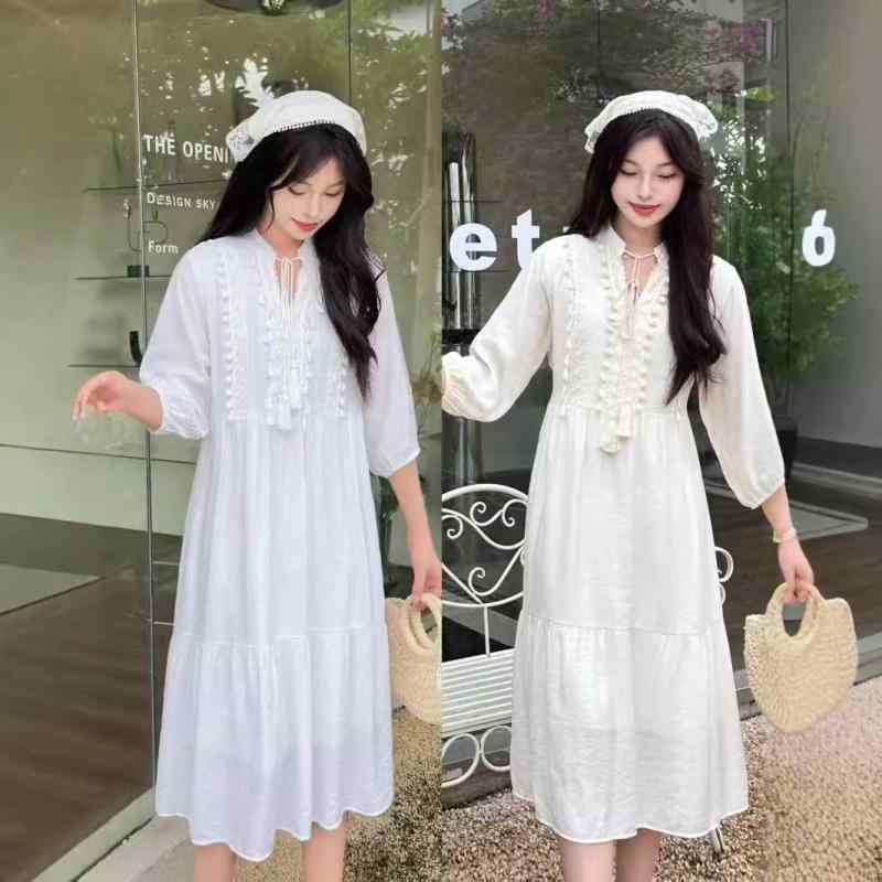 ワンピース 女性用 ロング丈 夏用 フレンチスタイル シフォン 絹素材 フリル ゆったりシルエット 軽量 涼しい 吸湿速乾 通勤 普段使い
