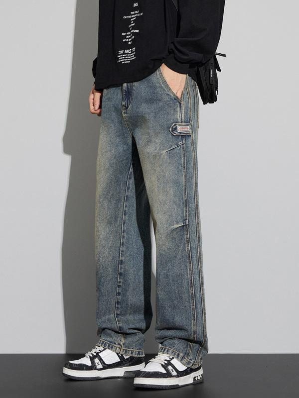 メンズ デニムパンツ ワイドレッグ フィット 切り替え カジュアル ストレート コットン素材 ゆったりシルエット ストリートスタイル ジーンズ 男性用 ズボン ハイウエスト 軽量 伸縮性 通勤用 普段使い アウトドア対応