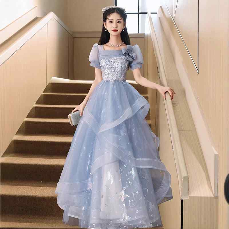 レディース 卒業ドレス ブルー イブニング フレアスカート パーティー用 学生向け 小さめ 軽やか 高級感 ボリューム シルエット パーティー フォーマル ワンピース 膝丈 Aライン