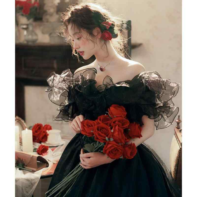 彼は誰時お召しもの 黒いこと 二人組用 華燭の典 エンゲージメント 華燭の典写真絵 作業場映画化 主題メロディ活動写真 フォーマルウェア 舞踏会服 雅びやか 絹地調 ロング丈 レディースファッション-ウェディングドレス