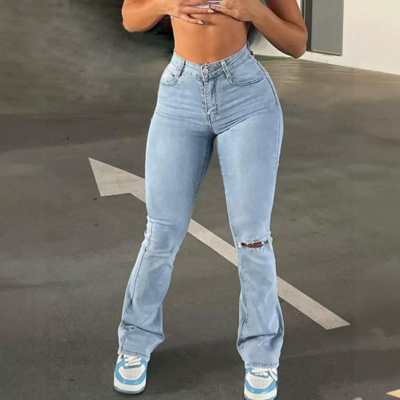 パンツ レディース ハイウエスト ストレッチ ダメージ デニム スリム ロング丈 普段使い スキニー ジーンズ 綿混 ファッション