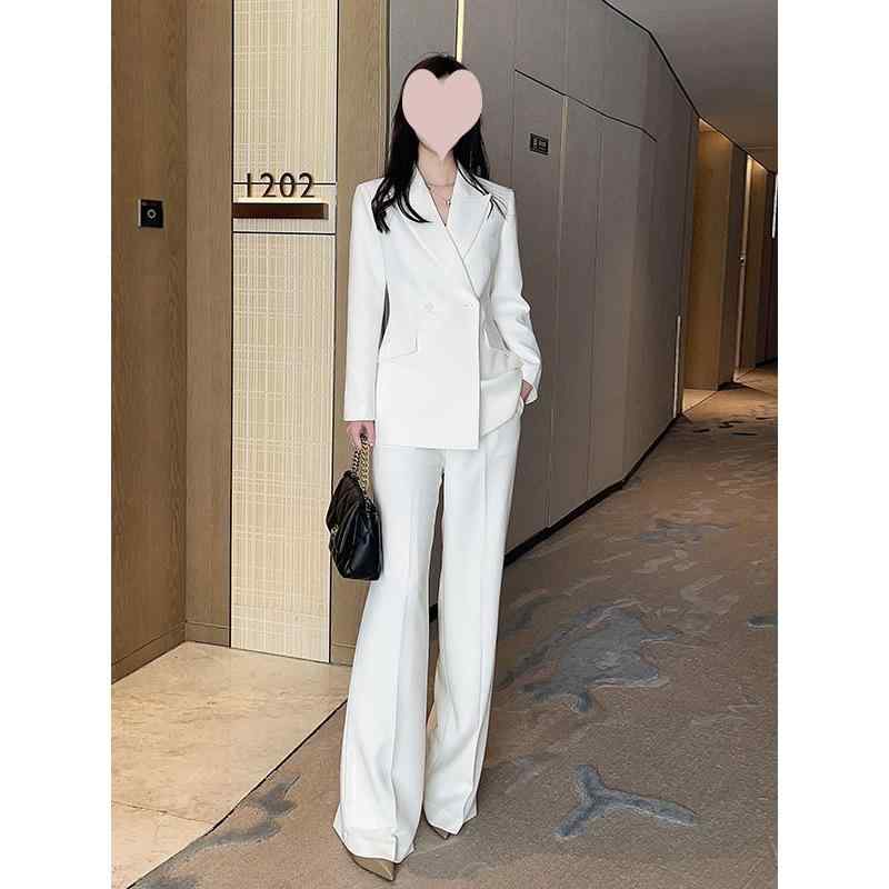 スーツセット レディース ホワイト スリムフィット ジャケット ハイウエスト ワイドパンツ 通勤 ビジネス オフィス 春夏秋 エレガント スタイル フォーマル ウェア