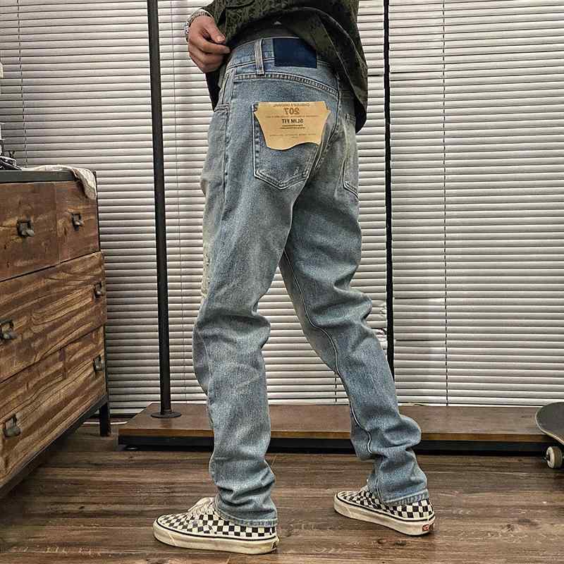 メンズ デニムパンツ ビンテージ ライトカラー ストレートレッグ 厚手 ウォッシュ加工 エイジング 擦り切れ パッチ カジュアル 普段使い ユーズド加工 淡色 デニム生地 ロング丈