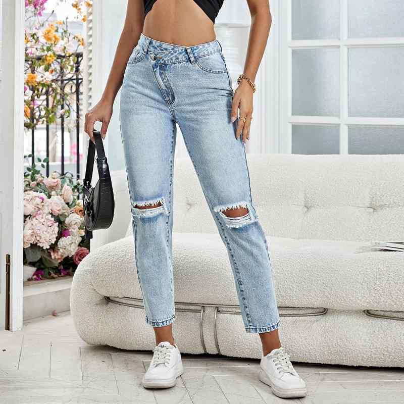 レディース ストレート ダメージ デニム パンツ ジーンズ ボトムス カジュアル 普段使い 伸縮性 軽量 切り替え