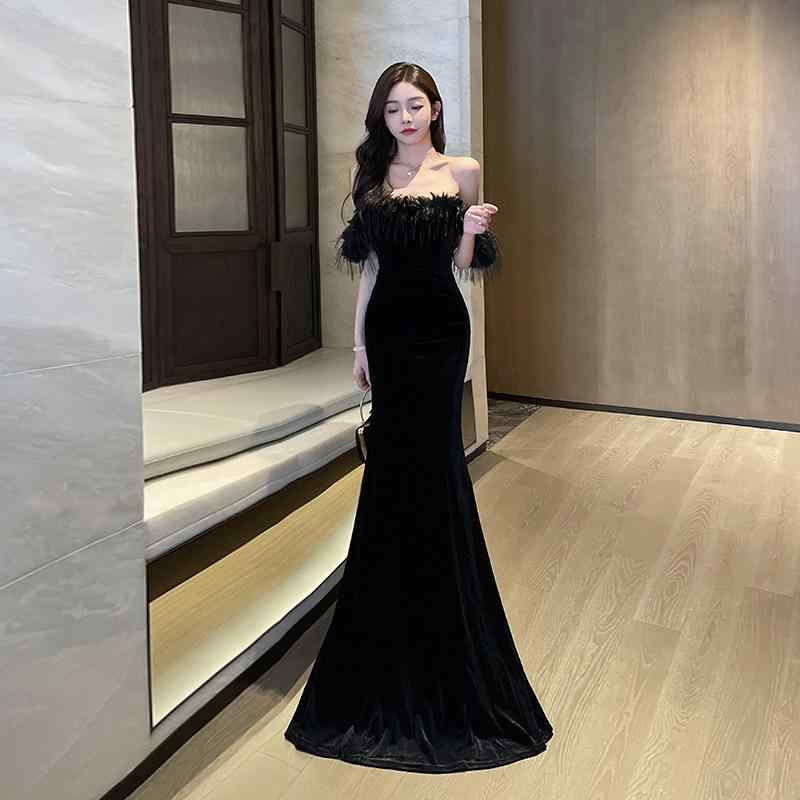 レディース セクシー バックレス ロングドレス ファー領 イブニング パーティー用 ヒップハグ フロア丈 上品 タイトシルエット ボディコン フォーマル ガウン