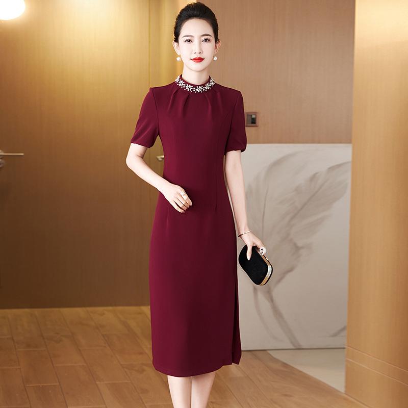 ワンピース 夏用 短袖 母親用 結婚式 礼服 ワインレッド 中長丈 エレガント フォーマル ドレス ミドル丈 膝下丈 シック スタイル 女性用 パーティーウェア