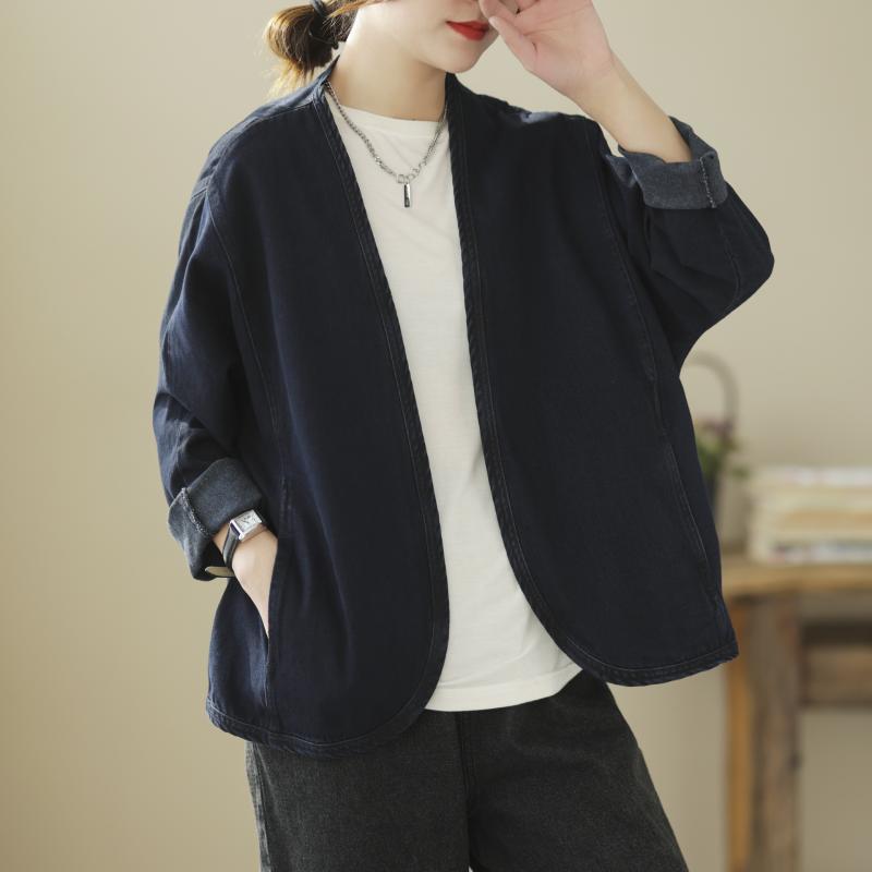 カーディガン レディース デニム 春 レトロ 切り替え Vネック 長袖 単色 シンプル アウター 普段使い カジュアル