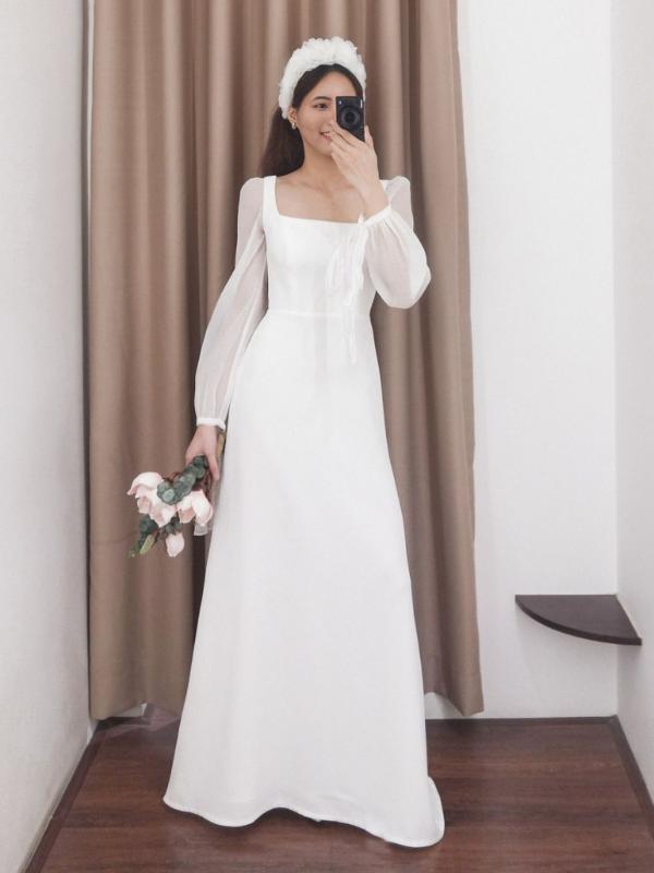 レディース 秋 ホワイト 長袖 スクエアネック 軽量 イブニングドレス 結婚式 成人式 パーティー パーティー フォーマル セレモニー シンプル エレガント