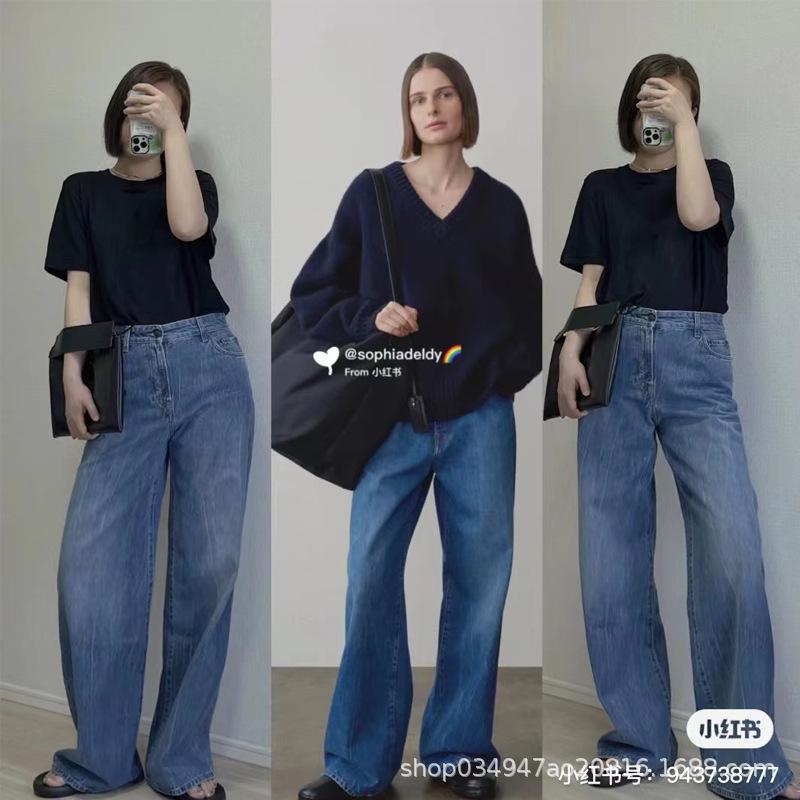 レディース デニムパンツ 春秋 ウォッシュドブルー ヴィンテージ ゆったり カジュアル 普段使い ストレート ハイウエスト ワイドレッグ ロング丈 コットン混