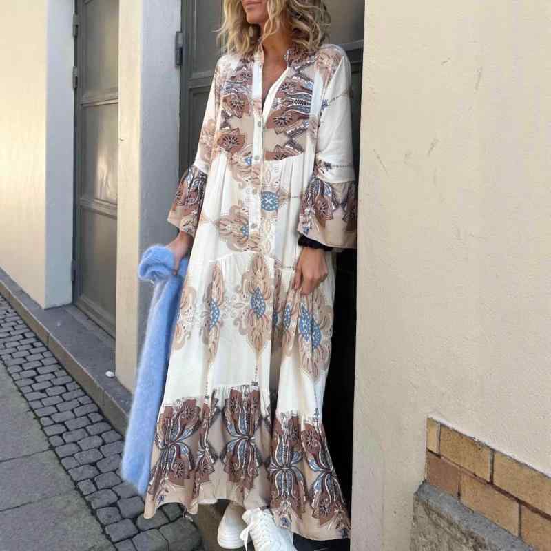 レディース 長袖 ワンピース レトロ プリント 柄 カジュアル 秋冬 普段使い ゆったり シルエット 快適 着こなし|FAIRYショップ