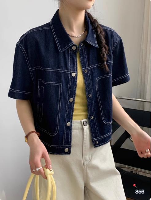 レディース デニム 短袖 シャツ 春夏 ゆったり 薄手 短め 小柄向け スリム 肩掛け カジュアル トップス 軽量 伸縮性 普段使い