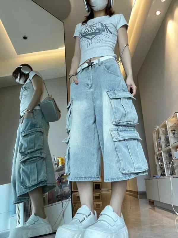 デニムパンツ メンズ レディース 夏 ゆったり ワイドレッグ ワークスタイル 多ポケット 古着風 水洗い加工 7分丈 ショート丈 デニム素材 吸湿速乾 カジュアル 普段使い