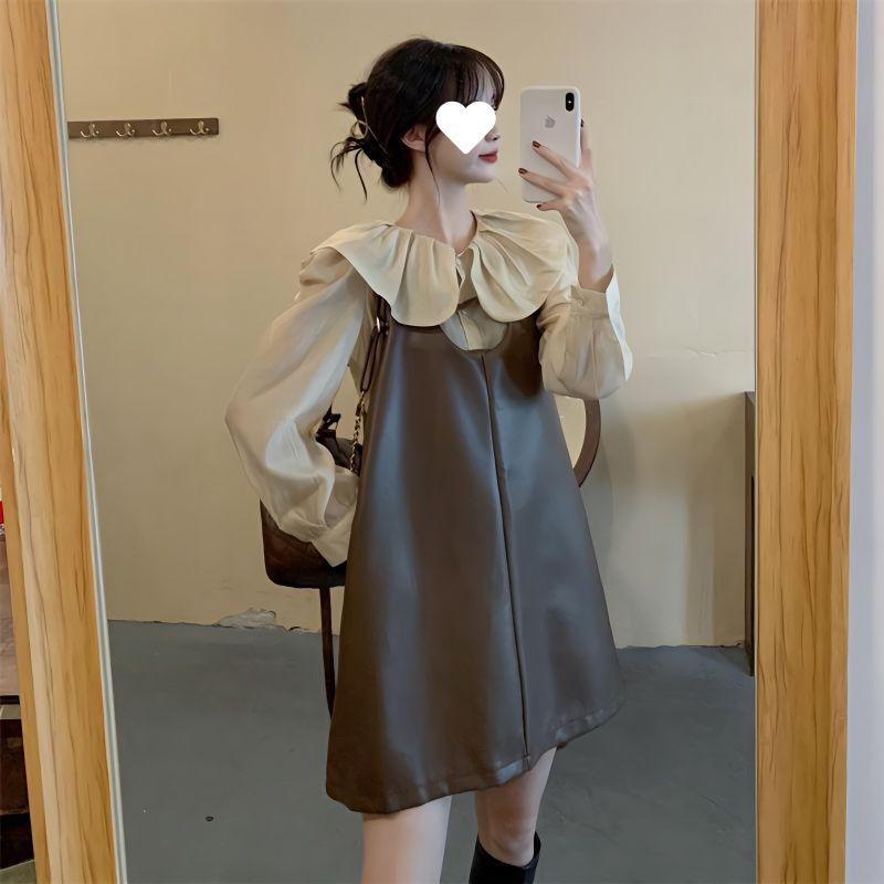 レディース かわいい ドールカラー シャツ トップス キャミソール ワンピース セット 秋 ビッグシルエット 軽量 伸縮性 コットン混 ハイウエスト ピンク系 アイボリー