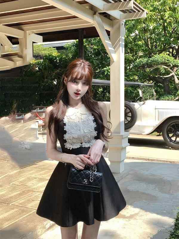 ルース iu 系 レースの 子供の 襟の ワンピースの 黒い 袖の ない ベストの スカートの 小さい 黒い スカート