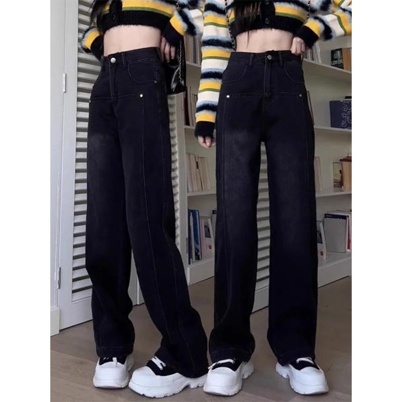 レディース デニムパンツ 秋冬 黒 裏起毛 スタイリッシュ ストレート ワイドレッグ 大サイズ ぽっちゃり対応 スリム効果 カジュアル デイリー ストレッチ 快適 スタイルアップ