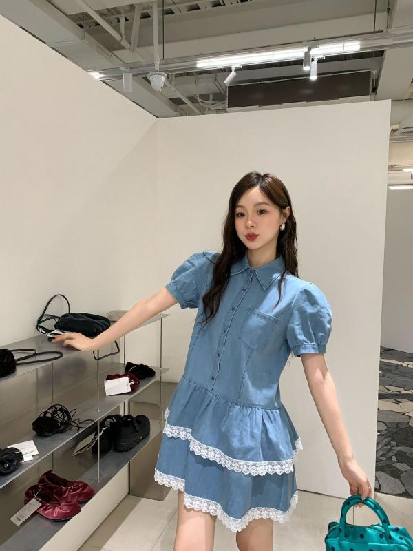衣装 うしろ帯用 夏 ジーンズ 短袖 可愛らしい フラウンス スコート 心地好い 普段使い走り 軽さ 伸縮性 青み系