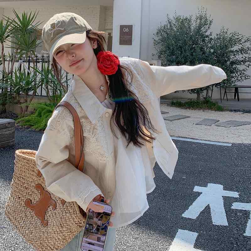米 白色 可 塩 甘 減 齢 カウボーイ 工 装 ジャケット 女性 2025 春 小柄 カジュアル コート