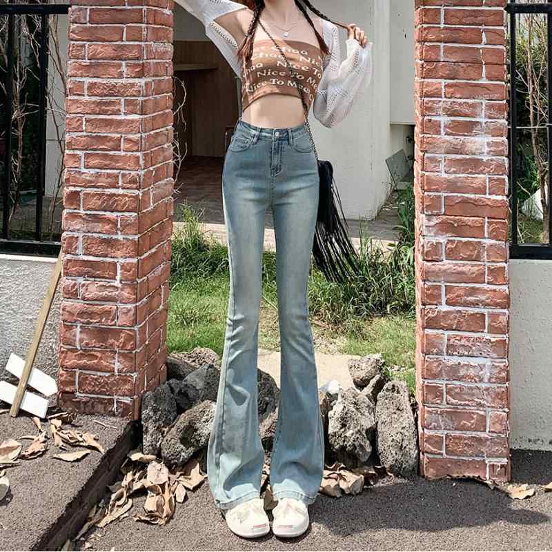 レディース デニムパンツ ストレッチ ハイウエスト スリムフィット 軽いフレア レトロ 低身長向け コーディネートしやすい 普段使い ボトムス カジュアル