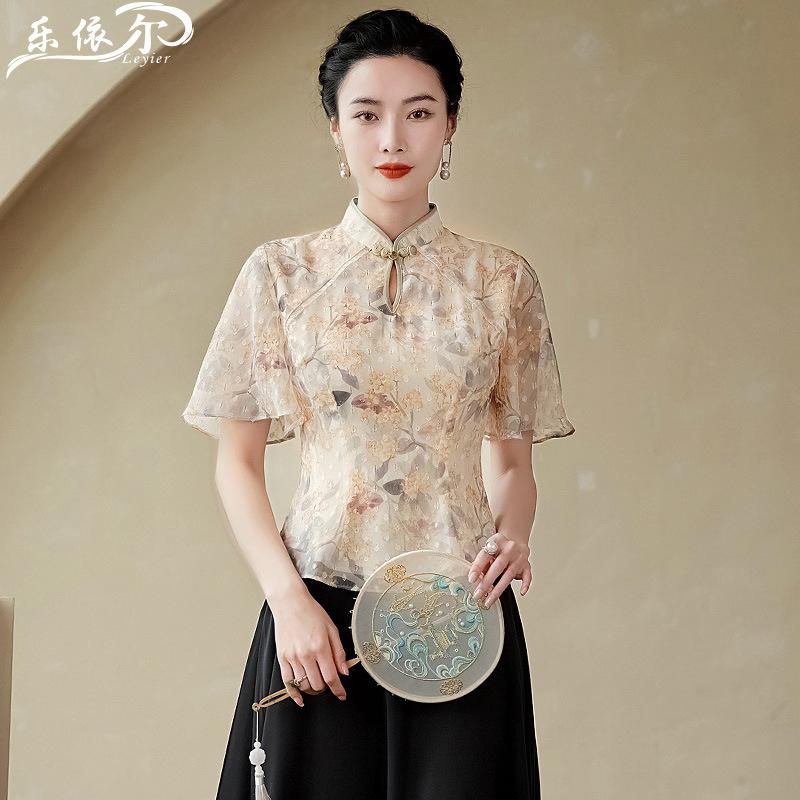 瀬戸もの御召しもの レディース ゴールド 小花柄 ラッフルスリーブ 中国風 トップス 2点書き割り 夏用 日常着 口さかしい