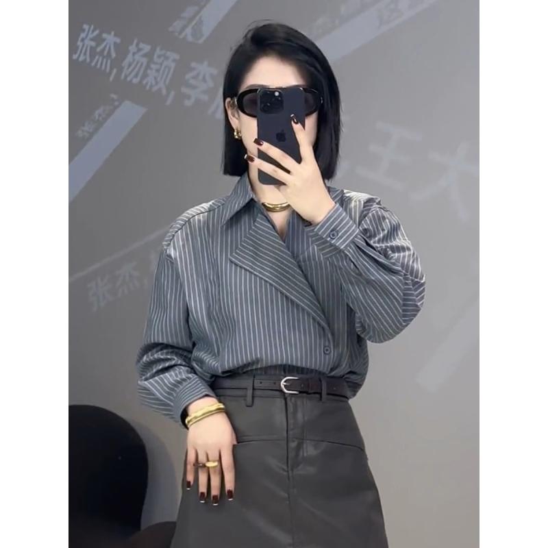 レディース シャツ テーラードカラー 韓国 ゆったり 長袖 ストライプ 個性的 秋 トップス オフィスカジュアル スタイリッシュ 軽量素材