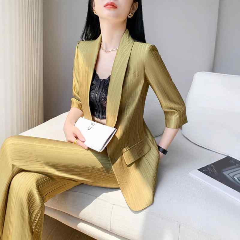 テーラードジャケット レディース セットアップ アウター 黄色 イエロー 春夏 通勤 オフィス ビジネス 事務服 リクルート 冠婚葬祭 フォーマル スーツ 2点セット ショートパンツ 5分袖 七分袖 上品 エレガント きれいめ フェミニン|FAIRYショップ