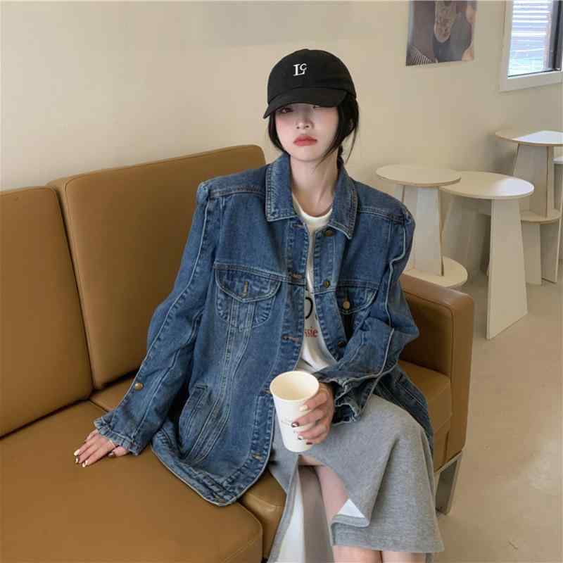 レ トロ 揚げ 街の 直角 肩の 中の 長い デニムの コートの 女性 2025 年の 新型の 春の 韓国 ゆったり して いる カジュアル 上着