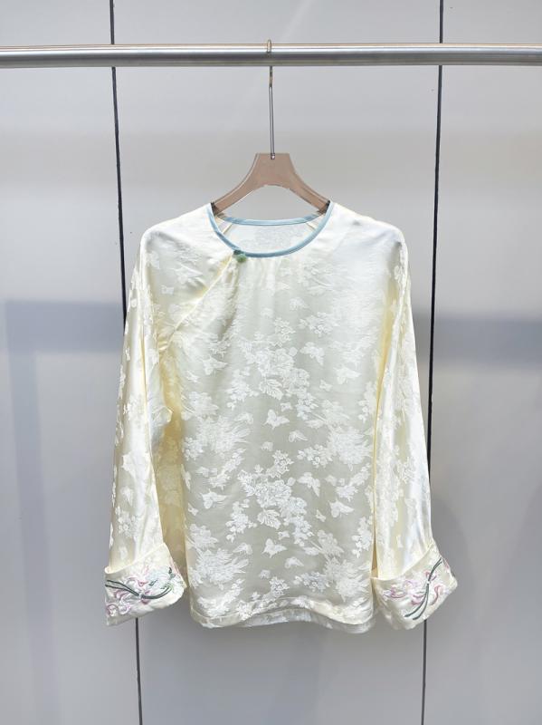 ブラウス レディース 春夏 中国風 レトロ ラウンドネック 長袖 切り替え 織柄 ジャカード トップス シャツ カジュアル 普段使い 上品 スタイル｜FAIRYショップ