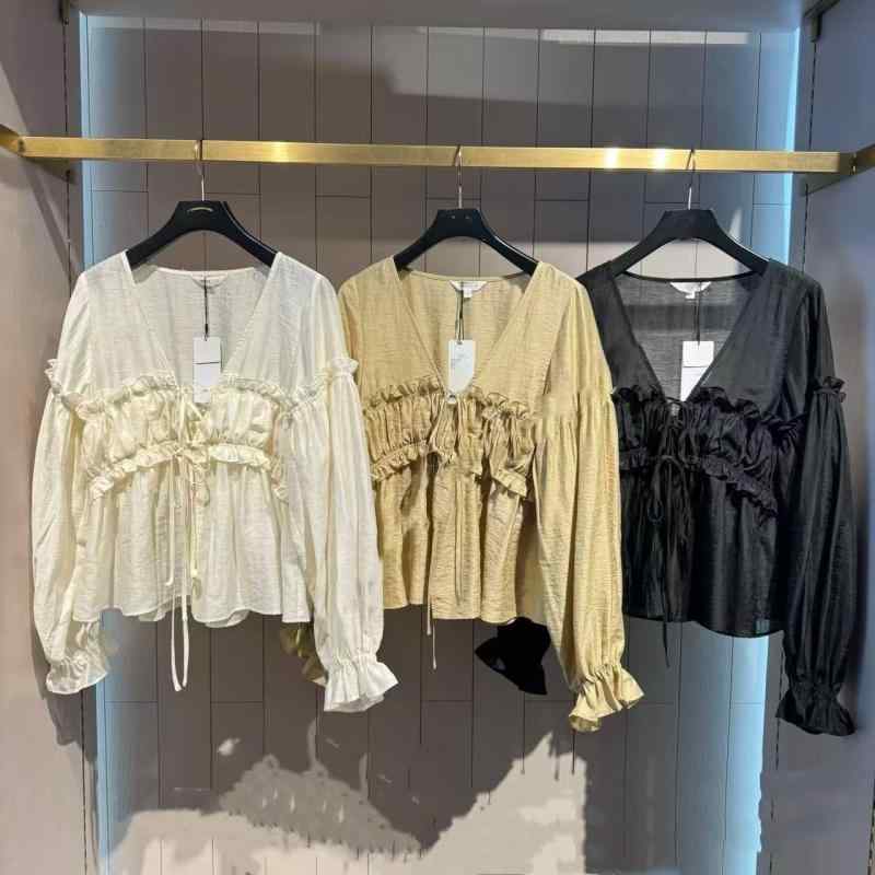 シャツ レディース 春夏 長袖 Vネック フリル襟 木耳辺 トップス ブラウス 薄手 シフォン レース 透け感 涼しい 日焼け防止 紫外線カット 冷房対策 羽織り 通勤 オフィス カジュアル きれいめ フェミニン 普段使い 着痩せ ゆったり 体型カバー ｜FAIRYショップ