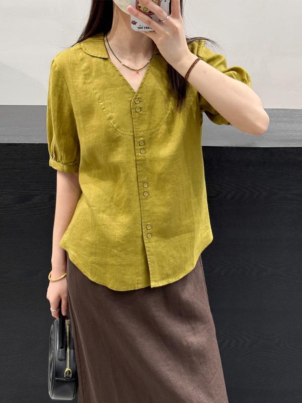 シャツ レディース 春夏 半袖 リネン 麻 Vネック トップス ピーターパンカラー 襟付き ブラウス プルオーバー ゆったり 細見え 着痩せ 大きいサイズ 体型カバー お腹周り 涼しい 吸湿 速乾 普段使い 通勤 オフィスカジュアル 上品 高級感 無地 |FAIRYショップ