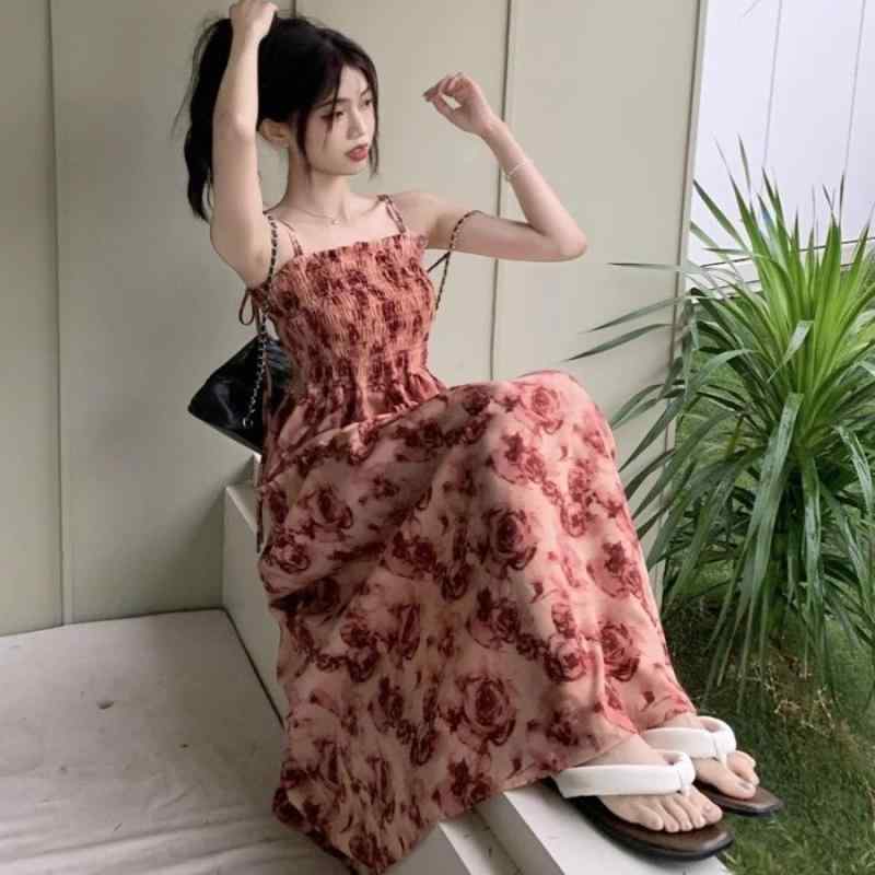 ワンピース 女性用 夏 ローズプリント フラワーデザイン 紐付き ストラップ ロングドレス ウエストマーク スタイリッシュ 軽やか 素材 コットン風 通勤 普段使い ビッグシルエット Vネック風(x2)