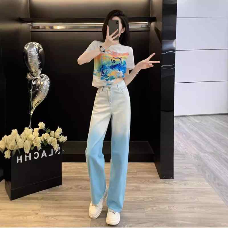 レディース 夏 白 短め 短袖 トップス グラデーション ワイドレッグ デニムパンツ かわいい ツーピース セット カジュアル 普段使い 軽やか スタイル