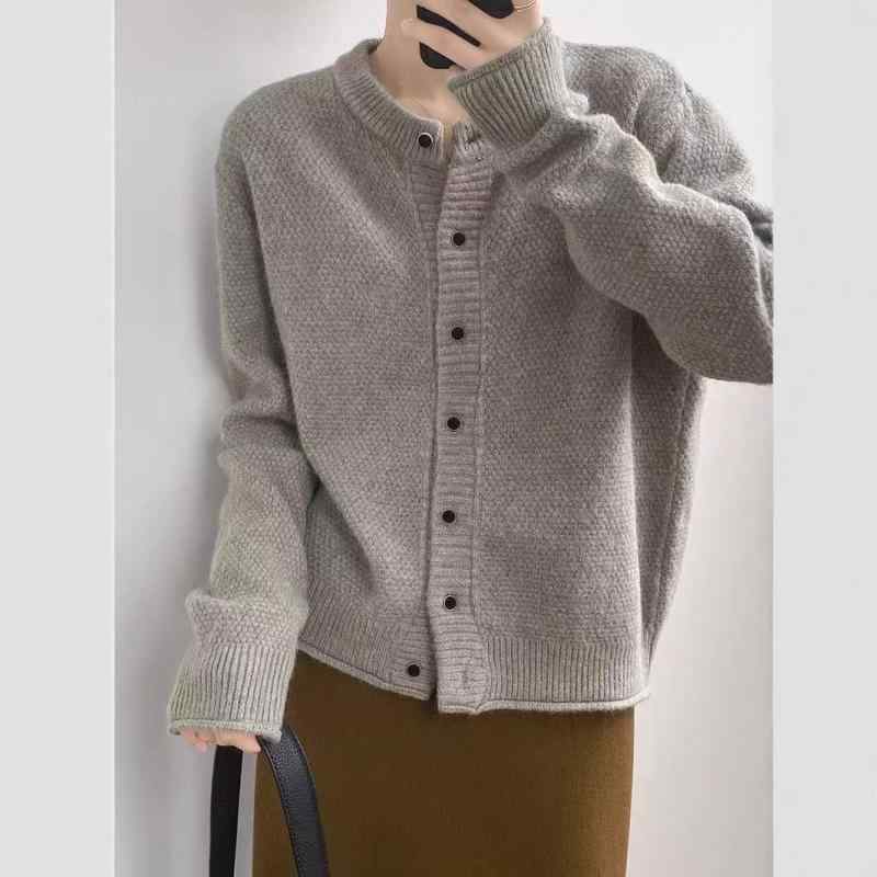 ニットカーディガン レディース 秋冬 ゆったり シンプル ラウンドネック ショート丈 合わせやすい ニットトップス カジュアル アウター 暖かみ 柔らかい 着回し 普段使い(x2)